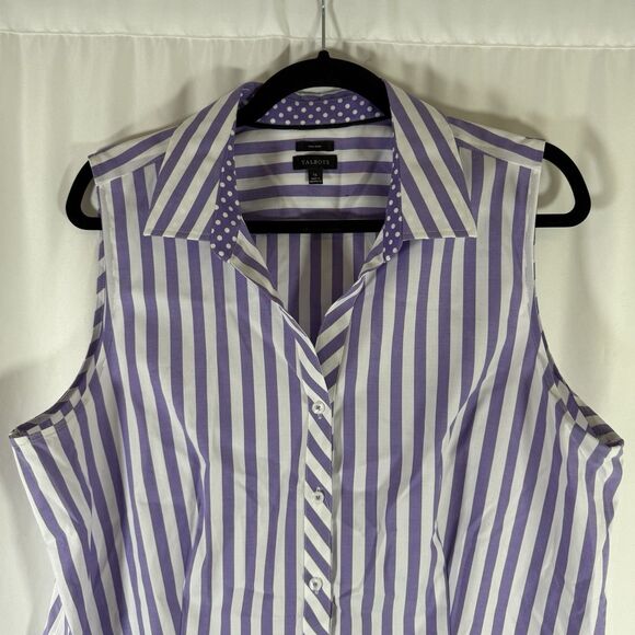 Talbots Blouse Women's 16 Purple White Striped Button Up Vneck Collared Non Iron - Picture 2 of 9